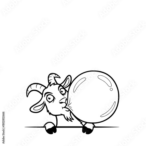 A quirky goat blowing a bubble gum, a humorous illustration in black and white. vector illustration