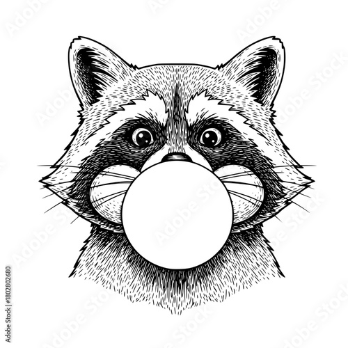 A mischievous raccoon blows a bubble, showcasing a blend of nature and fun, an artful piece suitable for illustrative or decorative needs. vector illustration