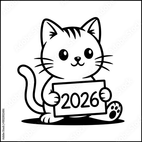 A charming cartoon cat holds a sign displaying the year 2026, offering a whimsical glimpse into the future with its endearing simplicity. vector illustration