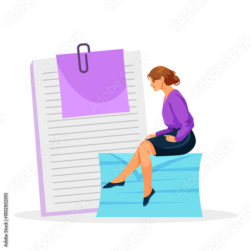Woman in office attire sitting on large envelope, giant notepad and sticky note behind, white background. Concept of communication and paperwork. Vector illustration