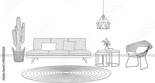 Black and white line art illustration of a modern living room interior scene, featuring a sofa, armchair, cactus, rug, and lamp, in a minimalist sketch style.
