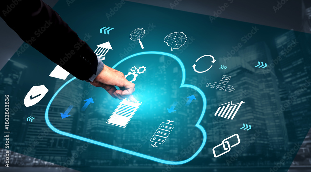 Fototapeta premium A cloud computing platform for enterprise business solutions. A central system for data storage, security, processing, and application hosting. Motif