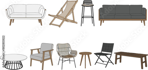 Collection of modern and outdoor furniture, including sofas, armchairs, tables, and chairs, isolated as a colorful flat design vector illustration set.