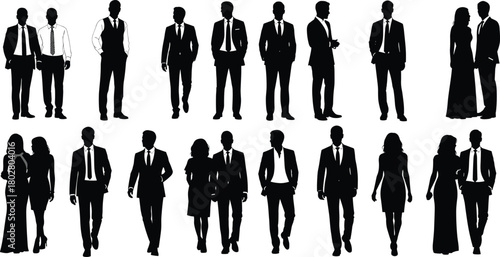 Set of formal people silhouettes, men in suits and women in dresses, standing and walking, isolated black vector illustration collection.