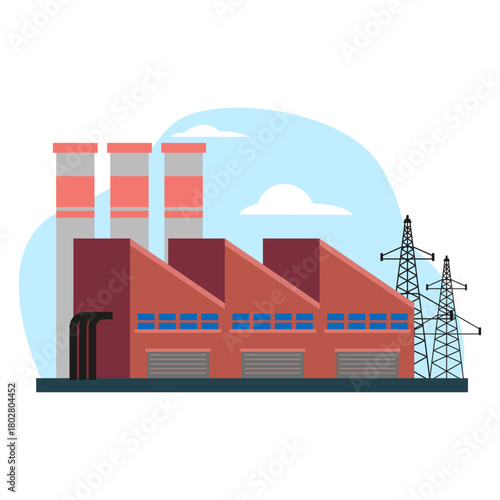 Illustration of a red factory building with chimneys and electric towers, flat graphic style, shown on white background. Concept of industry. Vector illustration