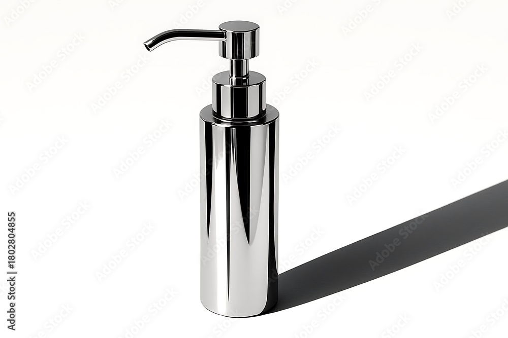 Obraz premium Shiny chrome soap dispenser with a strong shadow on a white background
