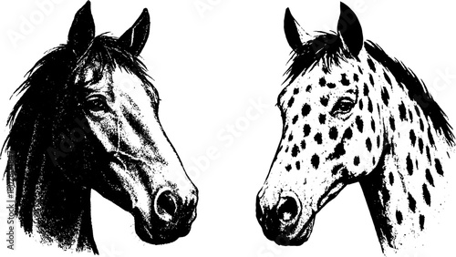 Retro Horse Heads Poster — Vintage Xerography Engraving Style Two Horse Portraits Including Spotted Appaloosa