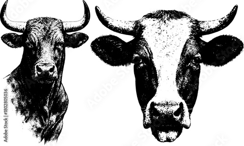 Retro Bull and Cow Heads Poster — Vintage Xerography Engraving Style Farm Animal Portraits Isolated in High-Detail Graphic Design