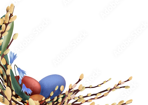 Easter corner decoration with colored eggs, willow branches and spring flowers arranged in a light festive composition on a white background. Suitable for cards, templates and seasonal holiday layouts