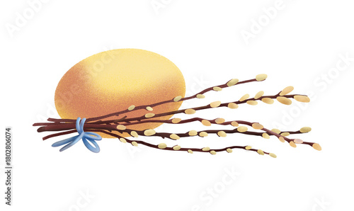 Yellow Easter egg with a bundle of willow branches tied with a blue ribbon, created in soft textured style on a white background, suitable for cards, decor and holiday design