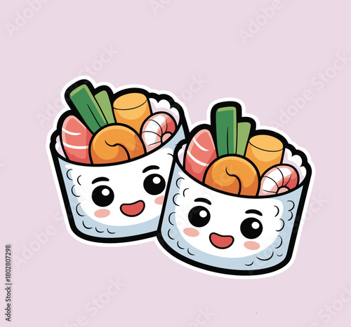 Two adorable sushi rolls with happy faces on a light purple background