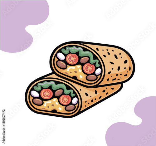 Delicious burrito stacked with fillings ready to eat and enjoy the tasty meal