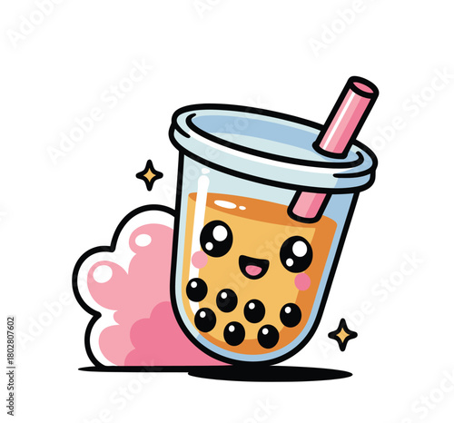 Kawaii boba tea illustration with pink cloud and stars on white background