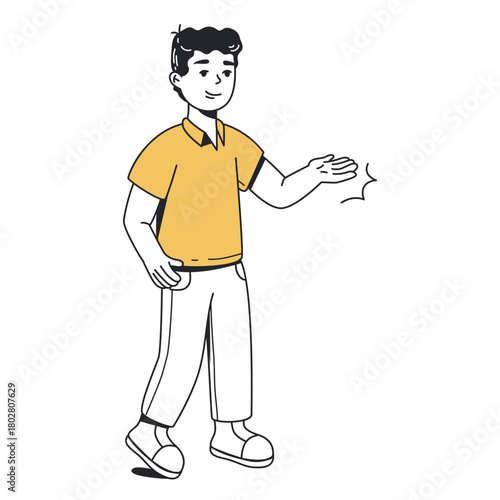 Cartoon-style young man in yellow shirt smiling and gesturing with hand, on white background. Concept of presenting or explaining. Vector illustration