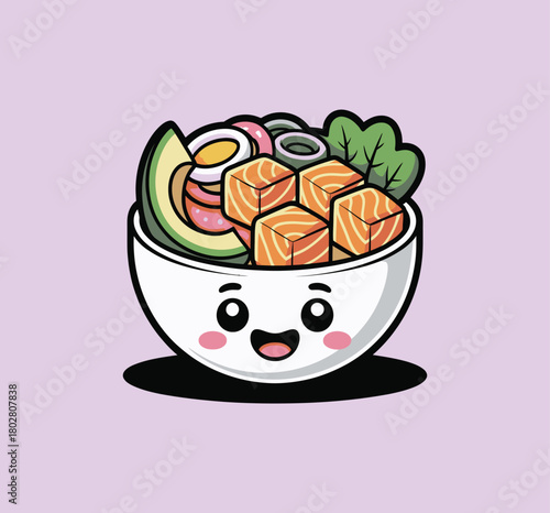Cartoon poke bowl with a happy face and delicious ingredients inside it