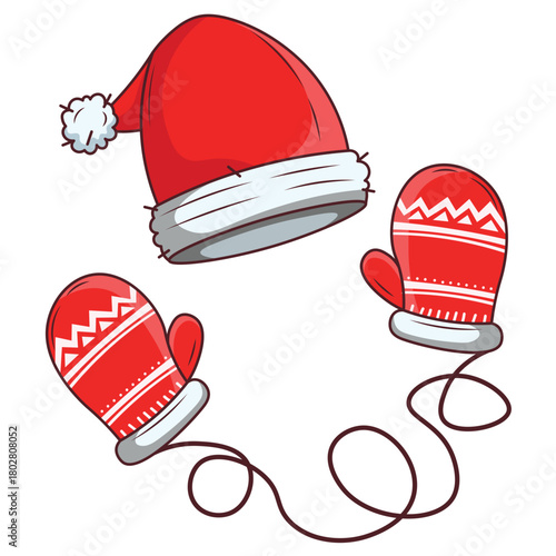 Festive Santa hat and mittens bring winter holiday cheer