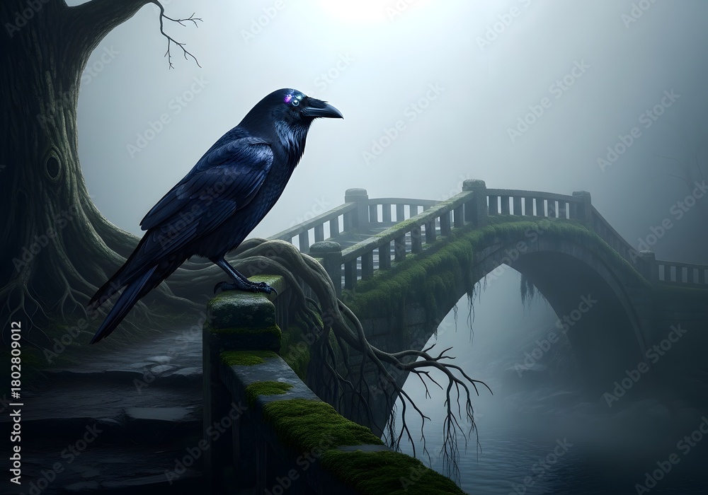 Fototapeta premium Mysterious Black Raven Perched on Mossy Bridge Railing in Misty Forest, Gothic Art