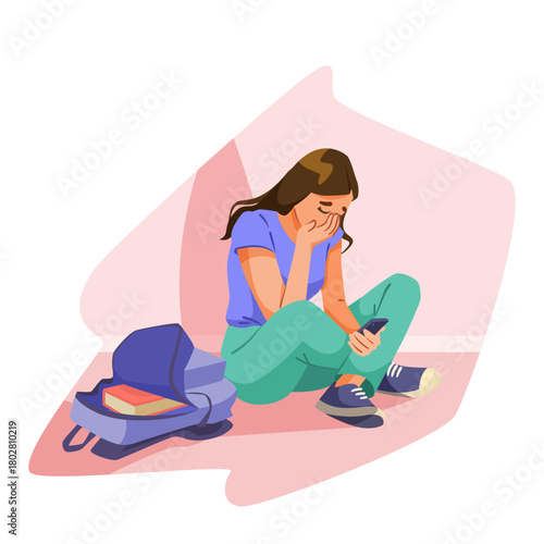 Upset teenage girl sitting on the floor with backpack, holding a smartphone, on abstract pink background. Concept of cyberbullying. Vector illustration
