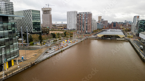 Manchester, United Kingdom 11.15.2025 - The Blue Peter Garden on the left bank of the north bay in Manchester. High-quality drone footage. 