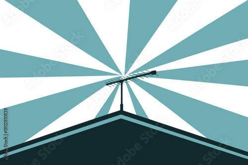An antenna stands on a rooftop against a radial blue and white background.