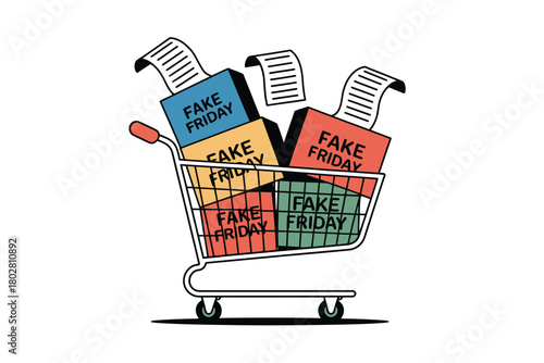 Shopping cart filled with boxes labeled "Fake Friday" represents consumerism and deception.