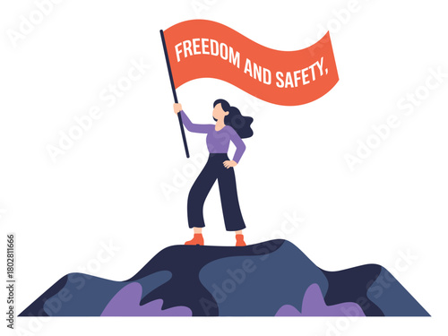 Woman stands on a mountain peak holding a flag that reads "FREEDOM AND SAFETY."