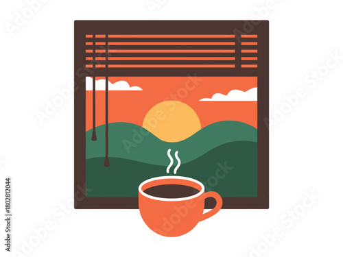 A steaming cup of coffee sits on a windowsill overlooking a sunrise landscape.