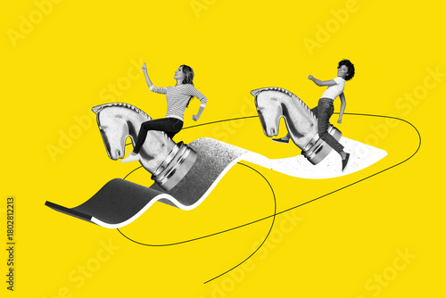 Quadro em tela Exclusive artwork banner creative collage of two business partners girl ride kni
