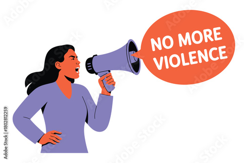 A woman with a megaphone shouts "No More Violence" in a speech bubble.