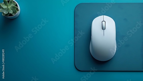 White wireless computer mouse on blue mousepad with small succulent plant in corner, modern minimalist workspace setup for home office or business.
