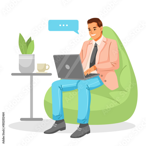 Man in business attire using laptop on green bean bag chair, side table with plant and cup, white background. Concept of remote work. Vector illustration