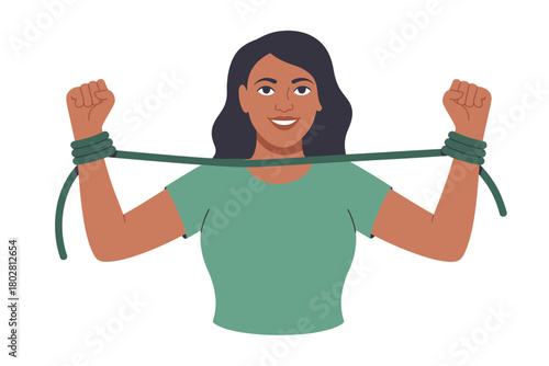 Woman with her hands tied behind her back with rope and smiling confidently
