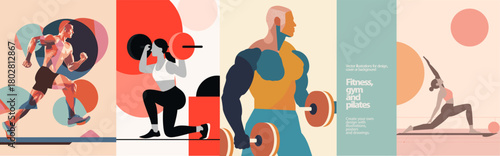 Stylish fitness illustrations featuring running, weightlifting, bodybuilding and pilates. Modern geometric shapes and pastel tones create dynamic visuals perfect for gym posters, wellness branding and