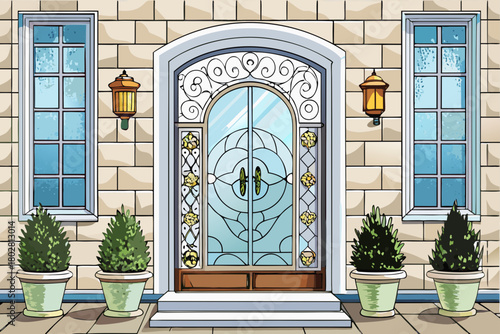 White plastic front door with decorative facade elements and potted plants, clean and modern exterior design, residential lighting entrance that showcases contemporary home style and pleasant outdoor 