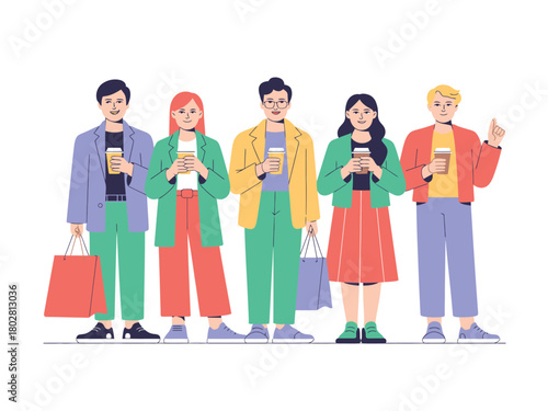 A diverse group of five young adults holding coffee cups and shopping bags.