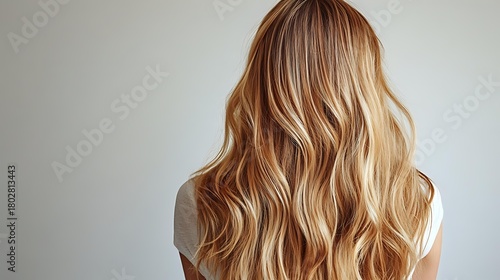 Back view of woman with long wavy blonde hair with highlights against neutral gray background, wearing white top.