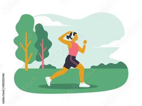 A woman runs in a park while listening to music on headphones.