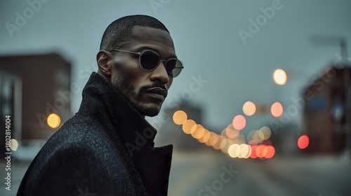 African American man in stylish dark coat and sunglasses against urban twilight backdrop with bokeh lights, creating moody atmospheric portrait.