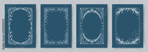 Winter frame collection. Elegant hand drawn line art borders with leaves, fir branches, stars, snowflakes on a blue background. Vector design for Christmas card, invitation, cover, banner, menu