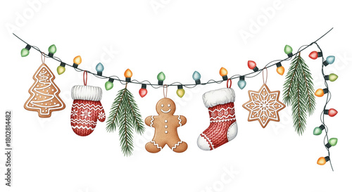 A watercolor Christmas garland featuring transparent, isolated gingerbread cookies, frilly gloves, socks, and pine branches hung on a string of lights.