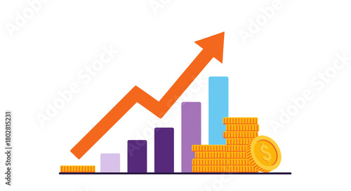 "A colorful flat illustration of a growing investment graph showing increasing bars and coins, representing financial growth and success in business."