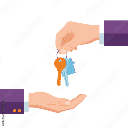 "An illustration of a hand holding a set of keys being handed over to another hand, symbolizing real estate transactions and property ownership."