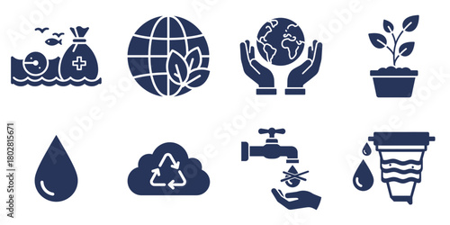 A complete set of water conservation icons including recycling symbols, earth, water droplets, and nature motifs for promoting environmental awareness.