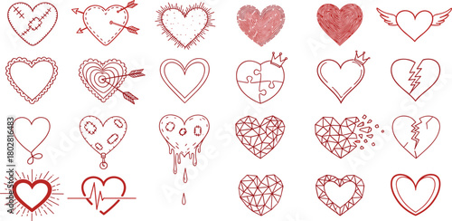 Vector collection of various red scribble heart icons. A diverse set of hand-drawn symbols for love, romance, and Valentine's Day design elements