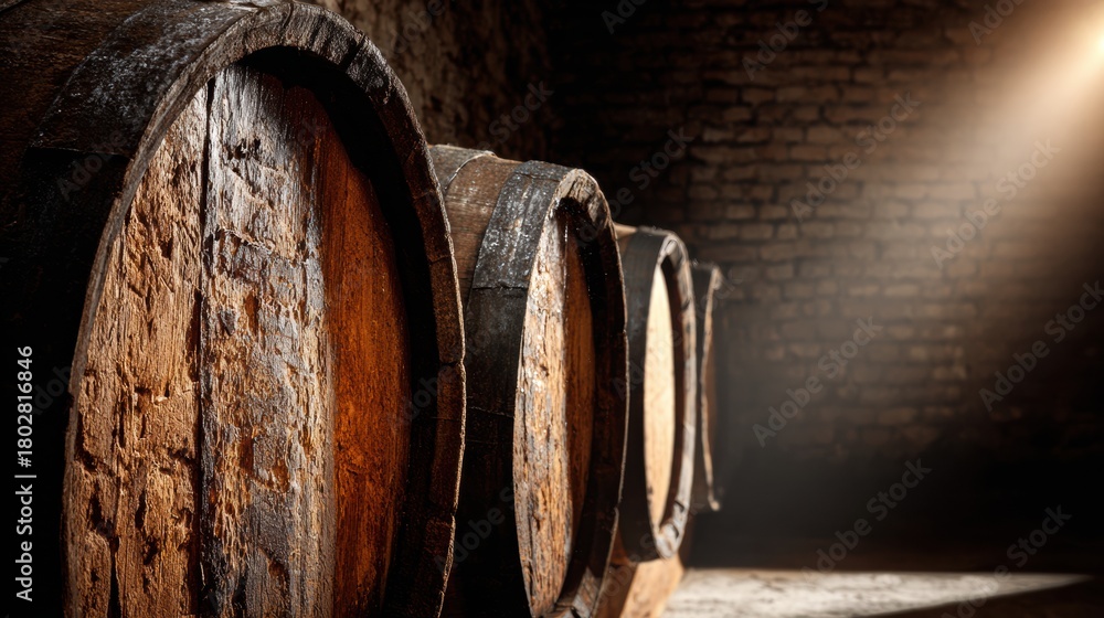 Naklejka premium Barrels Aging Wine in a Dimly Lit Rustic Cellar to Enhance Premium Winery Character