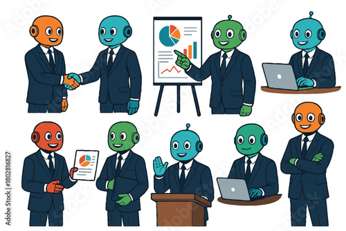 A collection of friendly, colorful cartoon robots dressed in suits, participating in business meetings, presentations, and collaborations.