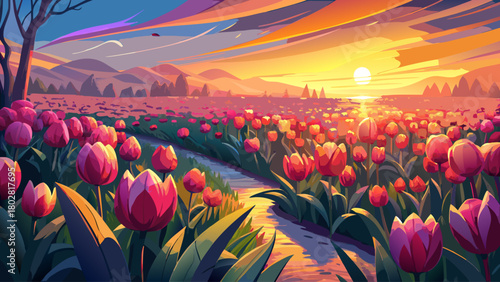 Vast field of tulips glowing at golden hour, warm sunlight illuminating vivid pink blossoms in a serene nature setting
