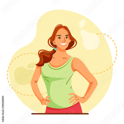 Cheerful woman with red hair in green top smiling confidently, cartoon style on abstract yellow background. Concept of positivity and energy. Vector illustration