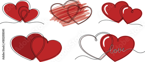 Set of Five Red Heart Illustrations, Continuous Line Art with Scribbled and Solid Designs, symbolizing love and affection