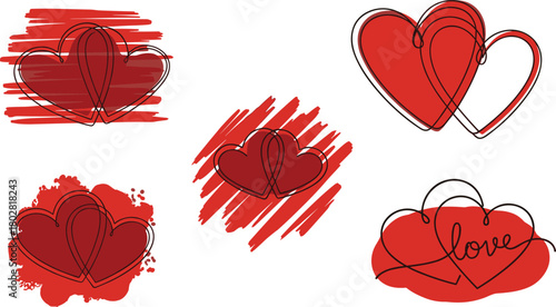 Artistic collection of hand-drawn red hearts, featuring minimalist continuous line art and scribble textures for romantic designs